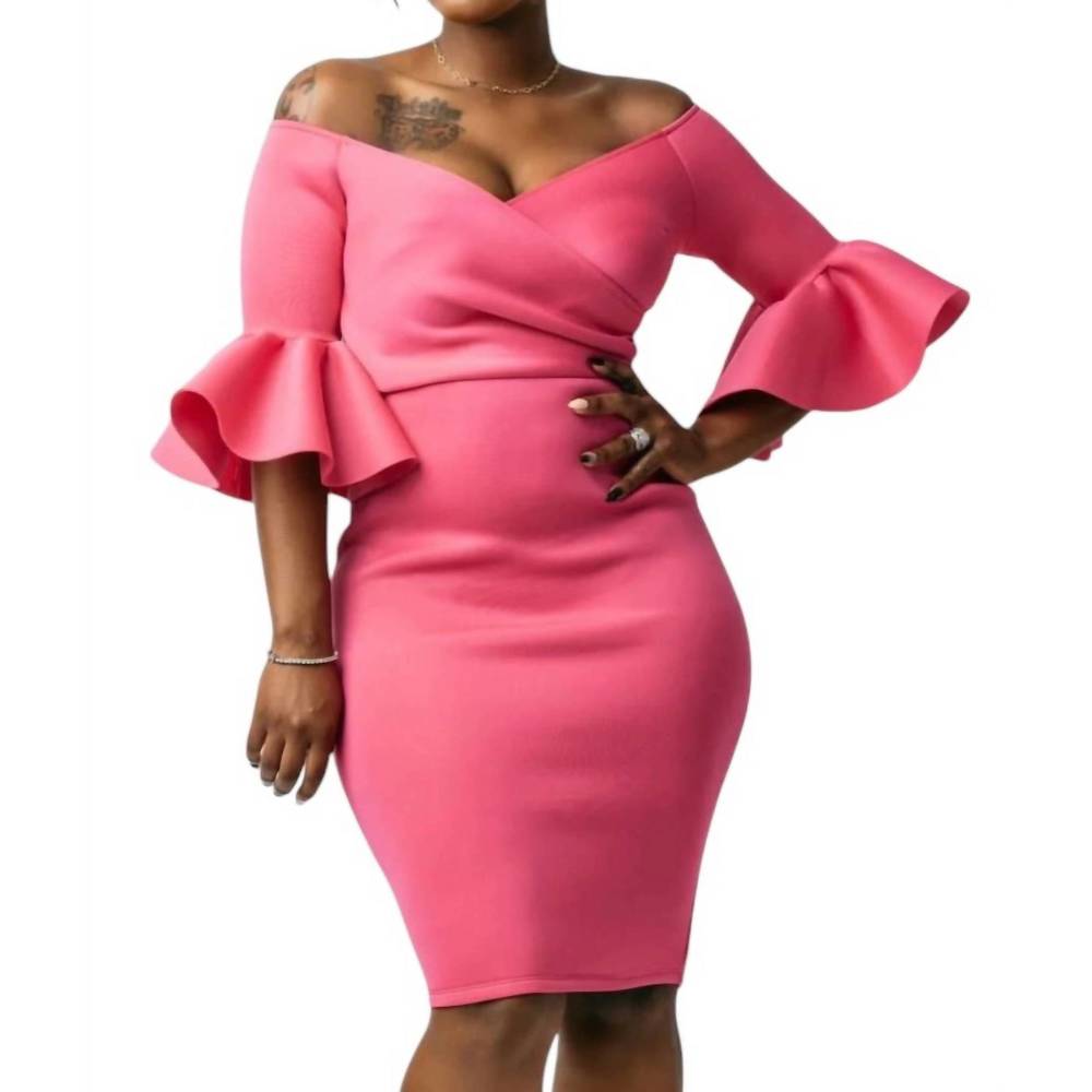 NEW VAVAVOOM off the shoulder 3/4 midi dress in fuchsia